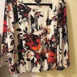 Gorgeous ALFANI Flattering Floral & Geometric Blouson, Bell-Sleeve Top, Size 14